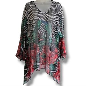 Anthro Dor Dor Couture Swim Coverup Top Size 2X Mesh Zebra Floral Black White